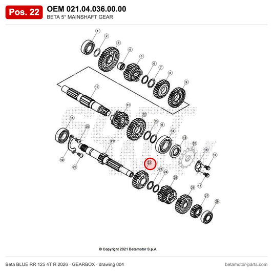 BETA 5° MAINSHAFT GEAR – OEM 021.04.036.00.00, position 22 on the Beta BLUE RR 125 4T R 2026 gearbox drawing