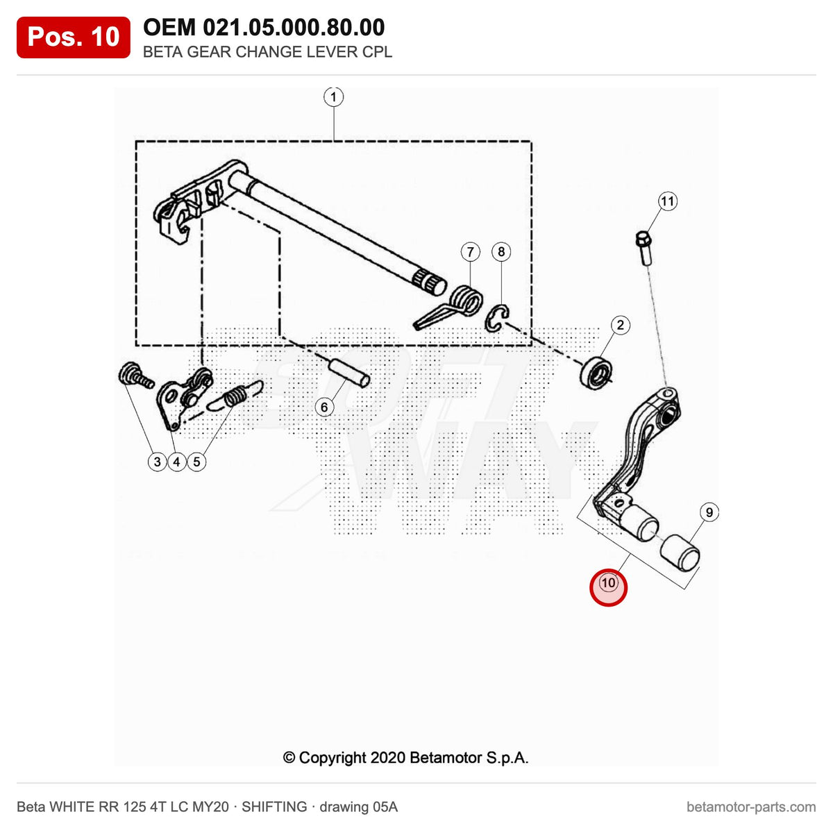 BETA GEAR CHANGE LEVER CPL – OEM 021.05.000.80.00, position 10 on the Beta WHITE RR 125 4T LC MY20 shifting drawing