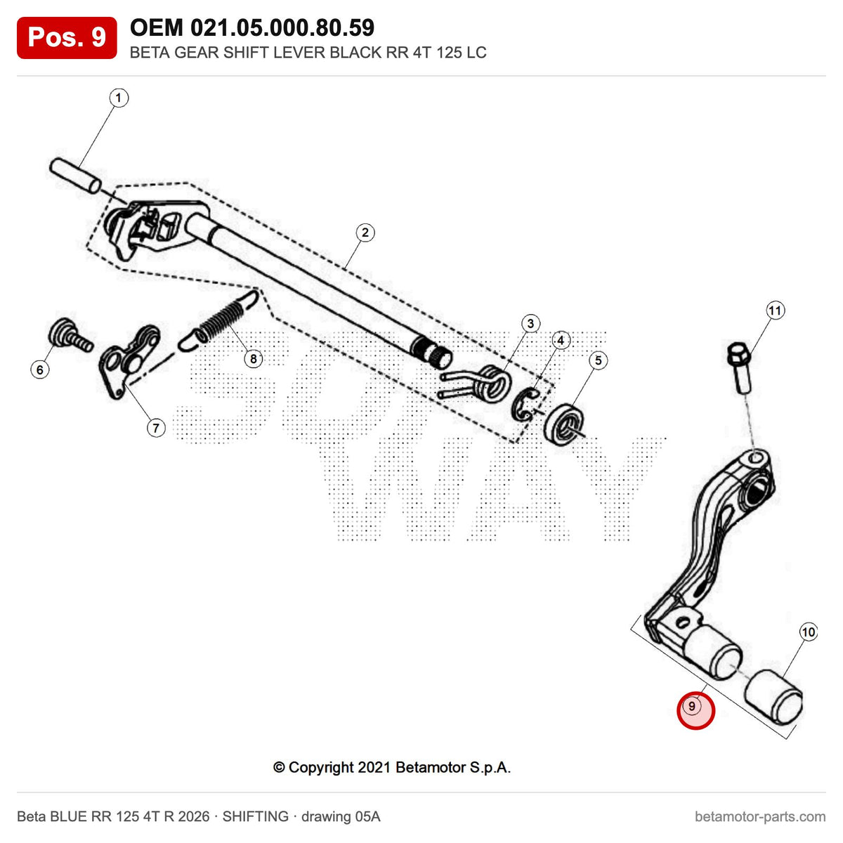 BETA GEAR SHIFT LEVER BLACK RR 4T 125 LC – OEM 021.05.000.80.59, position 9 on the Beta BLUE RR 125 4T R 2026 shifting drawing
