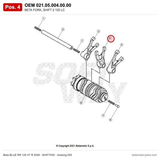 BETA FORK, SHIFT 2 125 LC – OEM 021.05.004.00.00, position 4 on the Beta BLUE RR 125 4T R 2026 shifting drawing