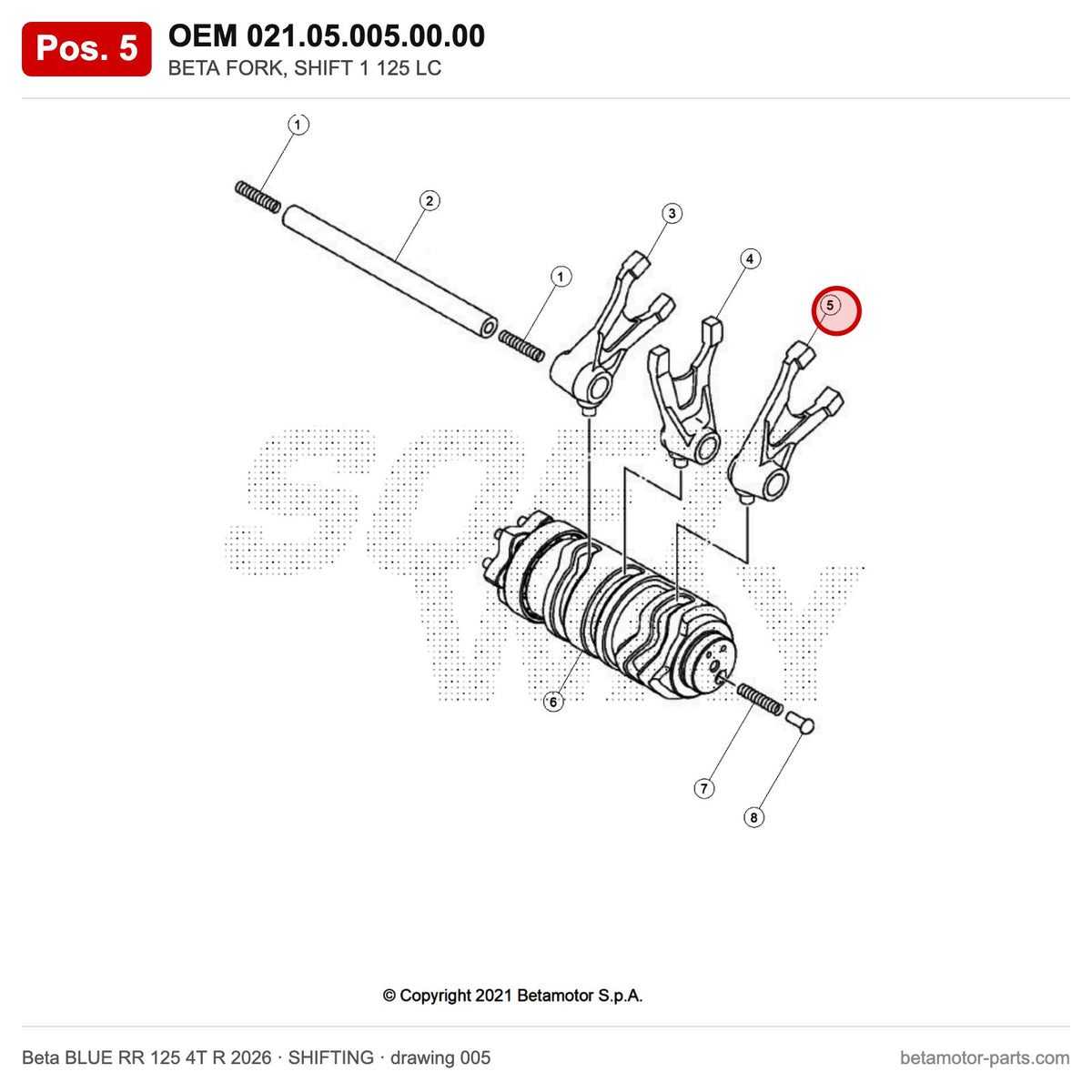 BETA FORK, SHIFT 1 125 LC – OEM 021.05.005.00.00, position 5 on the Beta BLUE RR 125 4T R 2026 shifting drawing