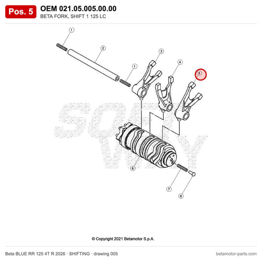 BETA FORK, SHIFT 1 125 LC – OEM 021.05.005.00.00, position 5 on the Beta BLUE RR 125 4T R 2026 shifting drawing