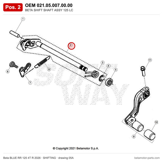 BETA SHIFT SHAFT ASSY 125 LC – OEM 021.05.007.00.00, position 2 on the Beta BLUE RR 125 4T R 2026 shifting drawing