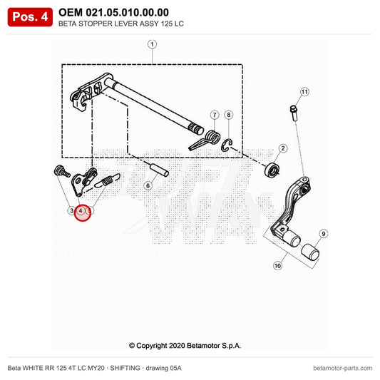BETA STOPPER LEVER ASSY 125 LC – OEM 021.05.010.00.00, position 4 on the Beta WHITE RR 125 4T LC MY20 shifting drawing
