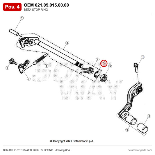 BETA STOP RING – OEM 021.05.015.00.00, position 4 on the Beta BLUE RR 125 4T R 2026 shifting drawing