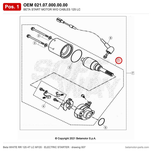 BETA START MOTOR W/O CABLES 125 LC – OEM 021.07.000.00.00, position 1 on the Beta WHITE RR 125 4T LC MY20 elettricstarter drawing