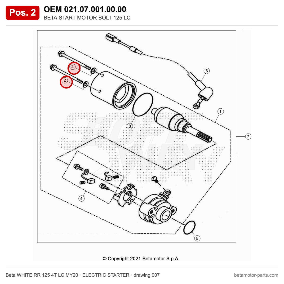 BETA START MOTOR BOLT 125 LC – OEM 021.07.001.00.00, position 2 on the Beta WHITE RR 125 4T LC MY20 elettricstarter drawing