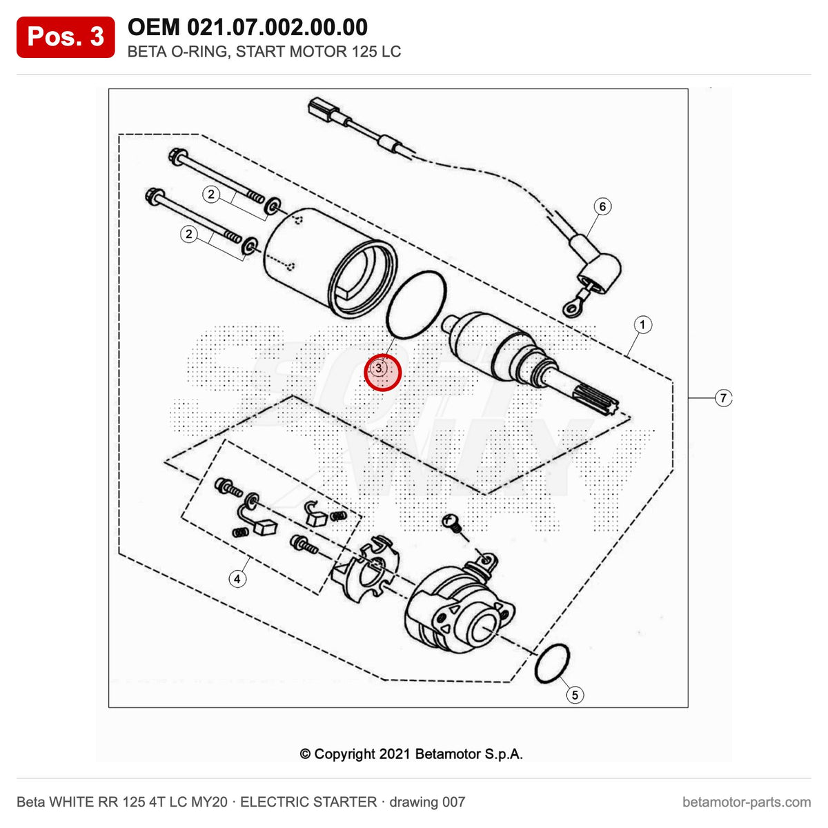BETA O-RING, START MOTOR 125 LC – OEM 021.07.002.00.00, position 3 on the Beta WHITE RR 125 4T LC MY20 elettricstarter drawing