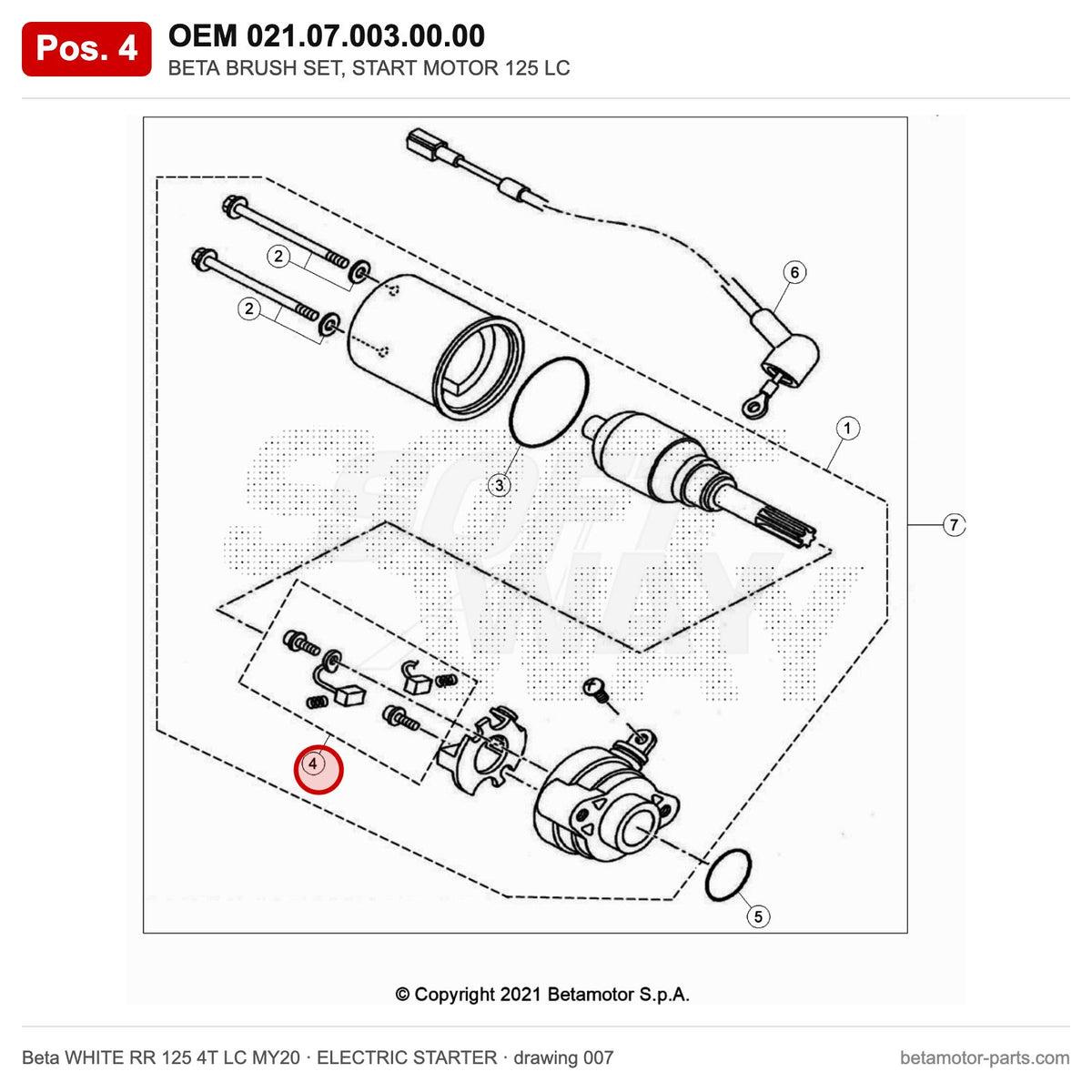 BETA BRUSH SET, START MOTOR 125 LC – OEM 021.07.003.00.00, position 4 on the Beta WHITE RR 125 4T LC MY20 elettricstarter drawing