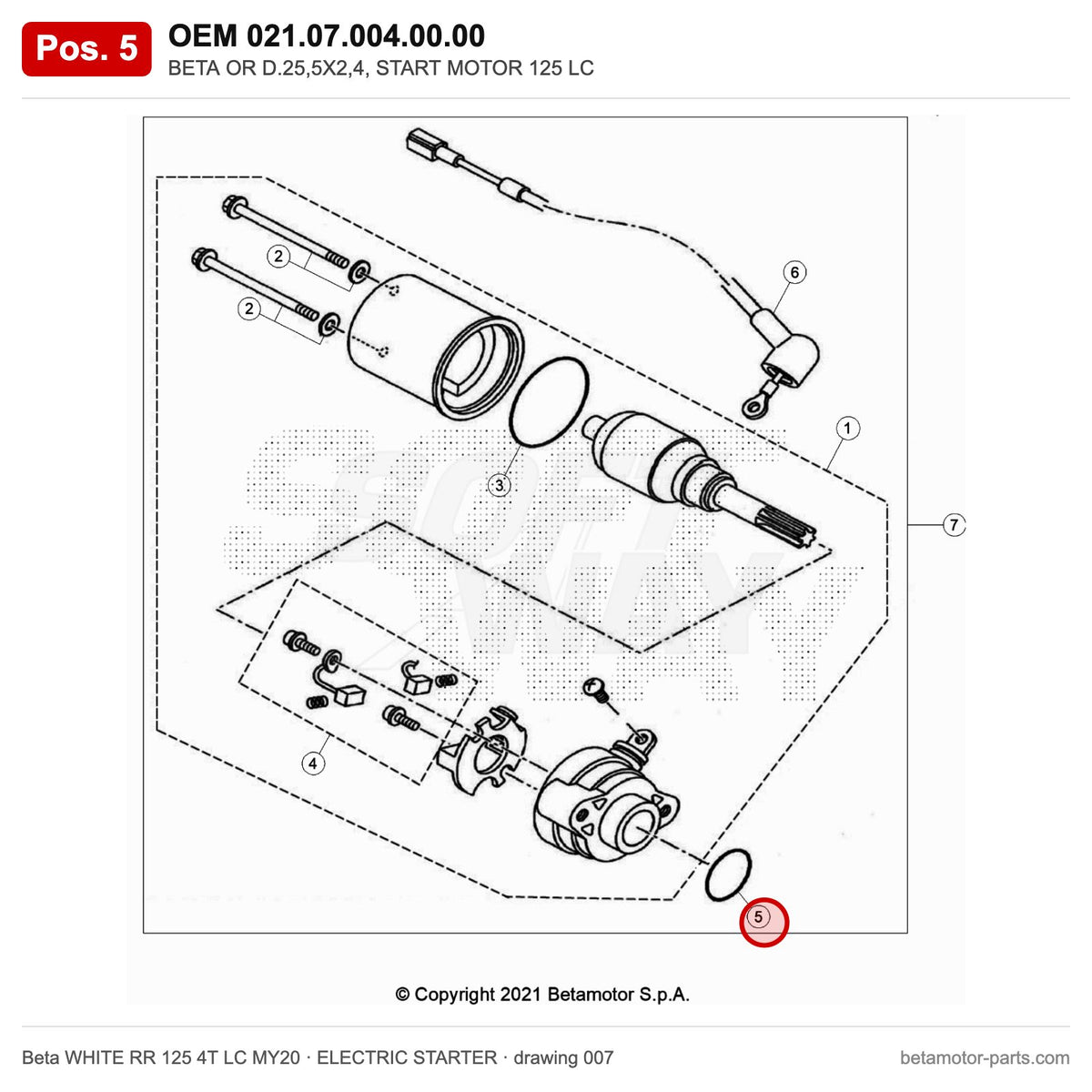 BETA OR D.25,5X2,4, START MOTOR 125 LC – OEM 021.07.004.00.00, position 5 on the Beta WHITE RR 125 4T LC MY20 elettricstarter drawing