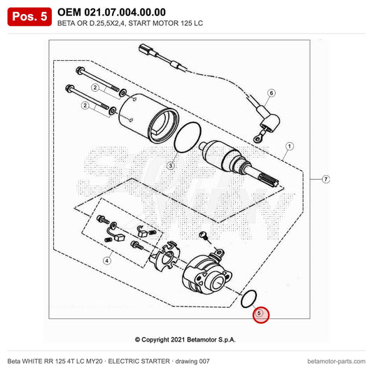 BETA OR D.25,5X2,4, START MOTOR 125 LC – OEM 021.07.004.00.00, position 5 on the Beta WHITE RR 125 4T LC MY20 elettricstarter drawing