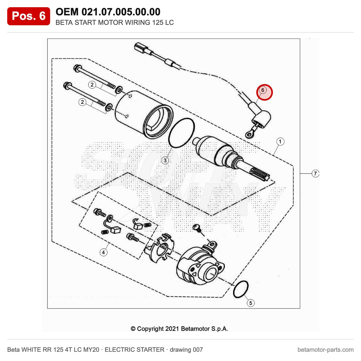 BETA START MOTOR WIRING 125 LC – OEM 021.07.005.00.00, position 6 on the Beta WHITE RR 125 4T LC MY20 elettricstarter drawing