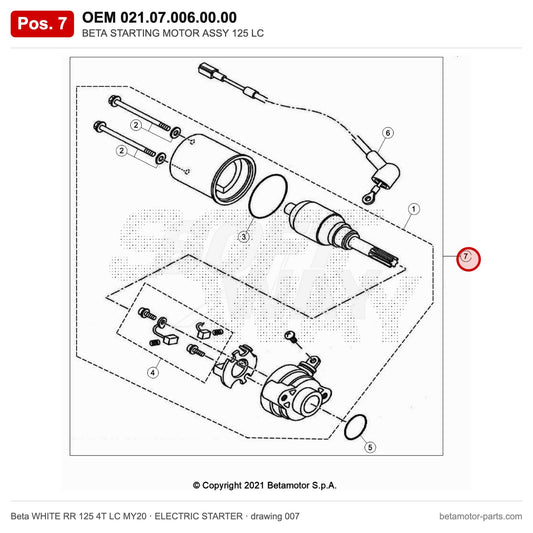 BETA STARTING MOTOR ASSY 125 LC – OEM 021.07.006.00.00, position 7 on the Beta WHITE RR 125 4T LC MY20 elettricstarter drawing