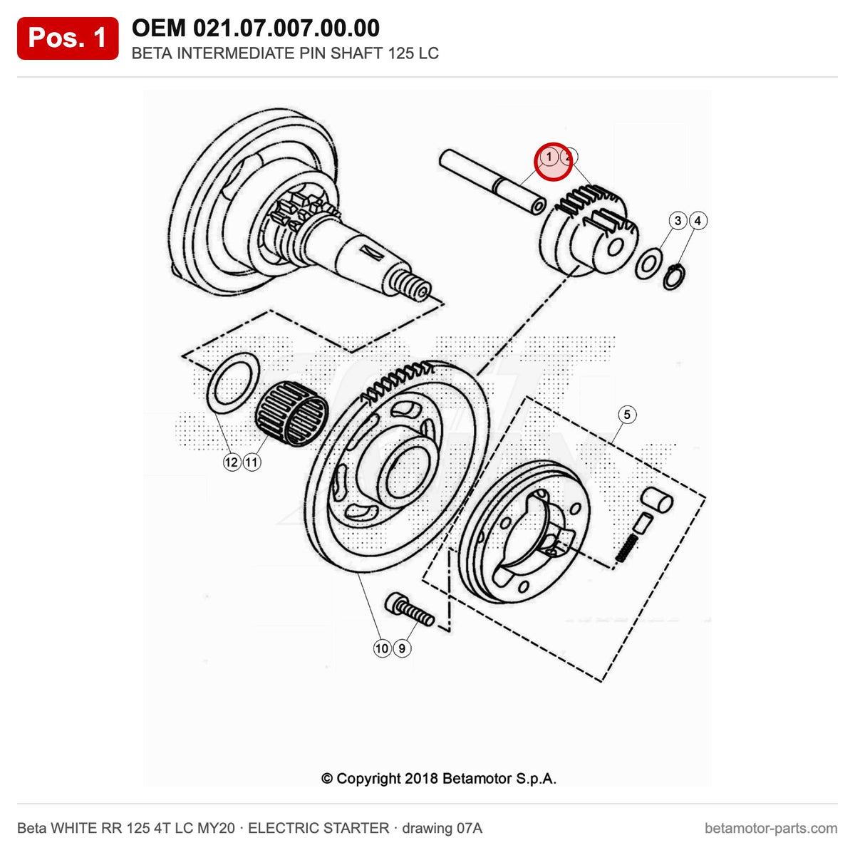 BETA INTERMEDIATE PIN SHAFT 125 LC – OEM 021.07.007.00.00, position 1 on the Beta WHITE RR 125 4T LC MY20 elettricstarter drawing