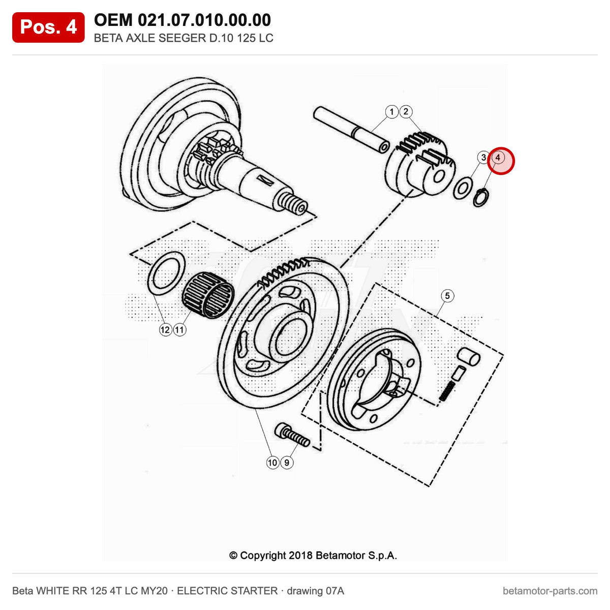 BETA AXLE SEEGER D.10 125 LC – OEM 021.07.010.00.00, position 4 on the Beta WHITE RR 125 4T LC MY20 elettricstarter drawing