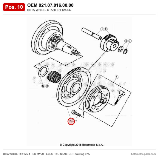 BETA WHEEL STARTER 125 LC – OEM 021.07.016.00.00, position 10 on the Beta WHITE RR 125 4T LC MY20 elettricstarter drawing