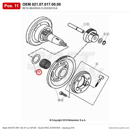 BETA BEARING D.25X30X19,8 – OEM 021.07.017.00.00, position 11 on the Beta WHITE RR 125 4T LC MY20 elettricstarter drawing