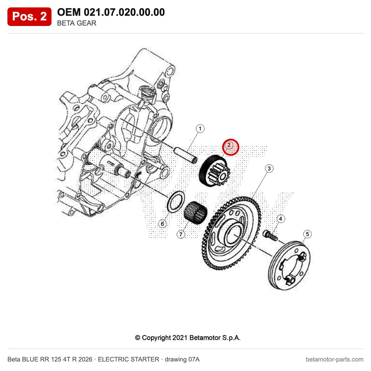 BETA GEAR – OEM 021.07.020.00.00, position 2 on the Beta BLUE RR 125 4T R 2026 elettricstarter drawing