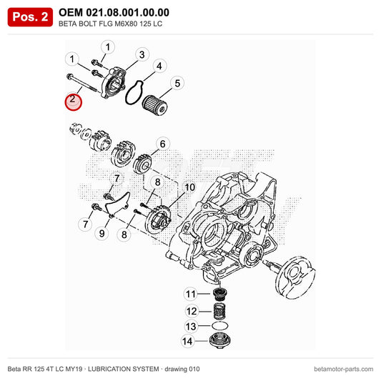 BETA BOLT FLG M6X80 125 LC – OEM 021.08.001.00.00, position 2 on the Beta RR 125 4T LC MY19 lubrication system drawing