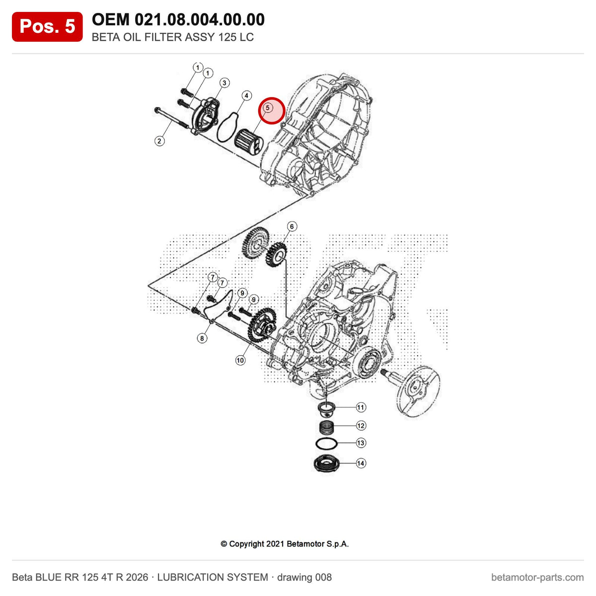 BETA OIL FILTER ASSY 125 LC – OEM 021.08.004.00.00, position 5 on the Beta BLUE RR 125 4T R 2026 lubrication system drawing