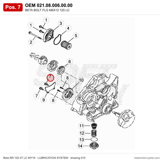 BETA BOLT FLG M6X12 125 LC – OEM 021.08.006.00.00, position 7 on the Beta RR 125 4T LC MY19 lubrication system drawing