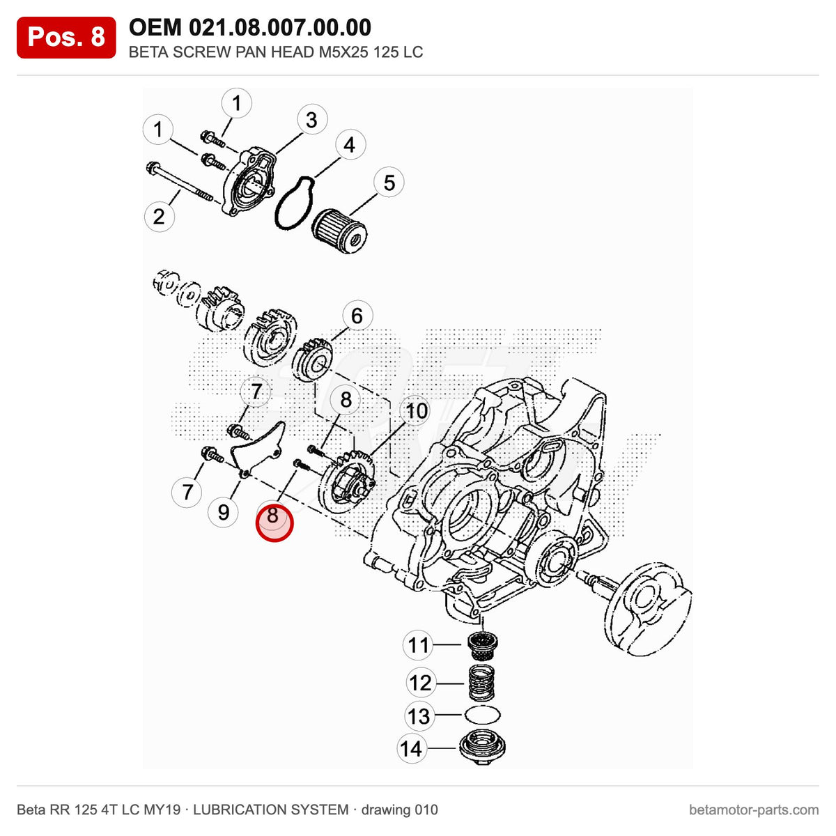 BETA SCREW PAN HEAD M5X25 125 LC – OEM 021.08.007.00.00, position 8 on the Beta RR 125 4T LC MY19 lubrication system drawing