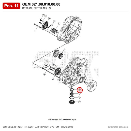 BETA OIL FILTER 125 LC – OEM 021.08.010.00.00, position 11 on the Beta BLUE RR 125 4T R 2026 lubrication system drawing