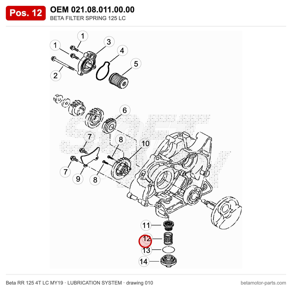 BETA FILTER SPRING 125 LC – OEM 021.08.011.00.00, position 12 on the Beta RR 125 4T LC MY19 lubrication system drawing