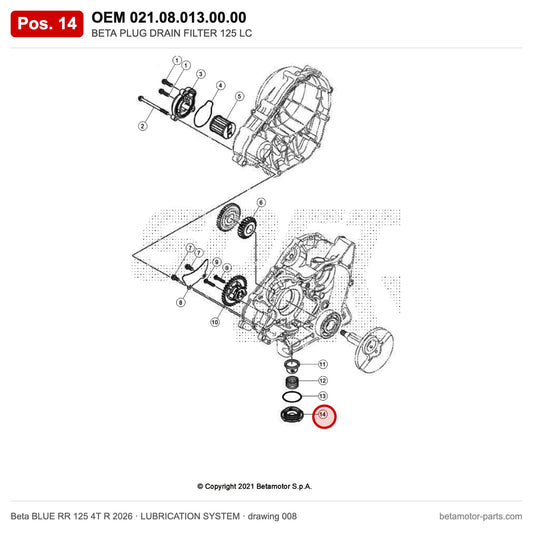 BETA PLUG DRAIN FILTER 125 LC – OEM 021.08.013.00.00, position 14 on the Beta BLUE RR 125 4T R 2026 lubrication system drawing