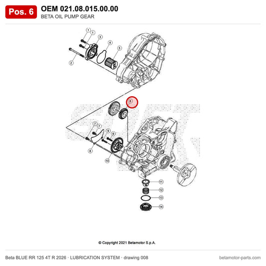 BETA OIL PUMP GEAR – OEM 021.08.015.00.00, position 6 on the Beta BLUE RR 125 4T R 2026 lubrication system drawing