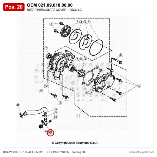 BETA THERMOSTAT COVER, 125CC LC – OEM 021.09.018.00.00, position 20 on the Beta WHITE RR 125 4T LC MY20 cooling system drawing
