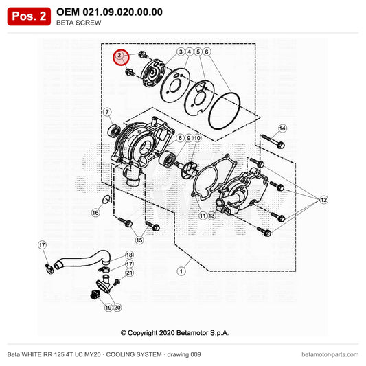 BETA SCREW – OEM 021.09.020.00.00, position 2 on the Beta WHITE RR 125 4T LC MY20 cooling system drawing