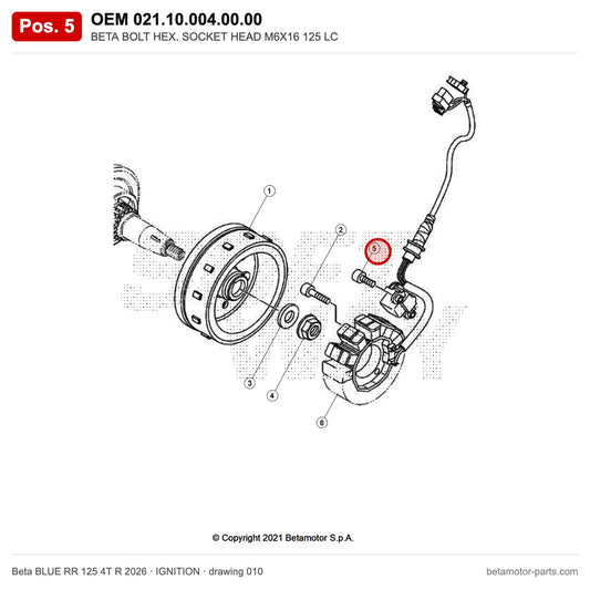 BETA BOLT HEX. SOCKET HEAD M6X16 125 LC – OEM 021.10.004.00.00, position 5 on the Beta BLUE RR 125 4T R 2026 ignition drawing