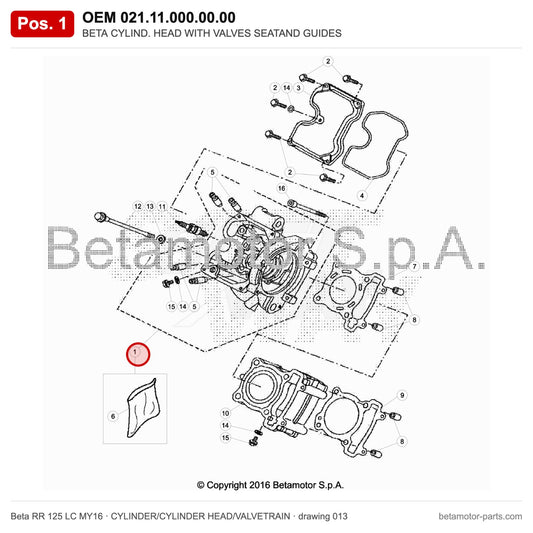 BETA CYLIND. HEAD WITH VALVES SEATAND GUIDES – OEM 021.11.000.00.00, position 1 on the Beta RR 125 LC MY16 cylinder/cylinder head/valvetrain drawing