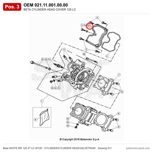 BETA CYLINDER HEAD COVER 125 LC – OEM 021.11.001.00.00, position 3 on the Beta WHITE RR 125 4T LC MY20 cylinder/cylinder head/valvetrain drawing