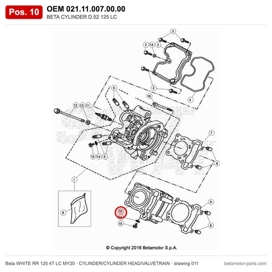 BETA CYLINDER D.52 125 LC – OEM 021.11.007.00.00, position 10 on the Beta WHITE RR 125 4T LC MY20 cylinder/cylinder head/valvetrain drawing