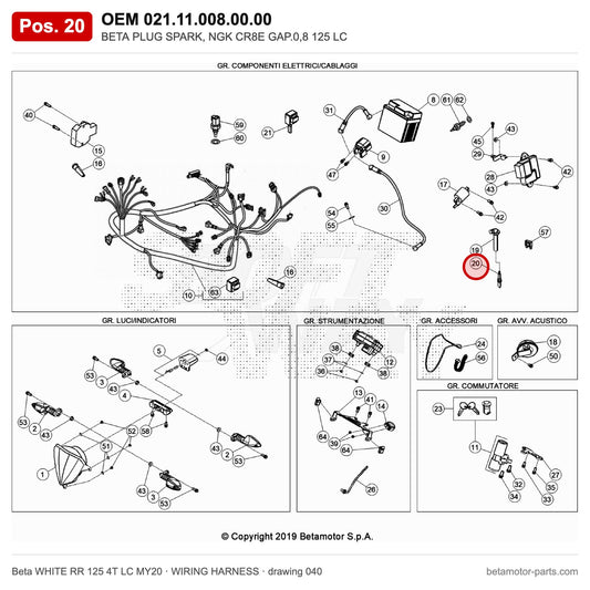 BETA PLUG SPARK, NGK CR8E GAP.0,8 125 LC – OEM 021.11.008.00.00, position 20 on the Beta WHITE RR 125 4T LC MY20 wiring harness drawing