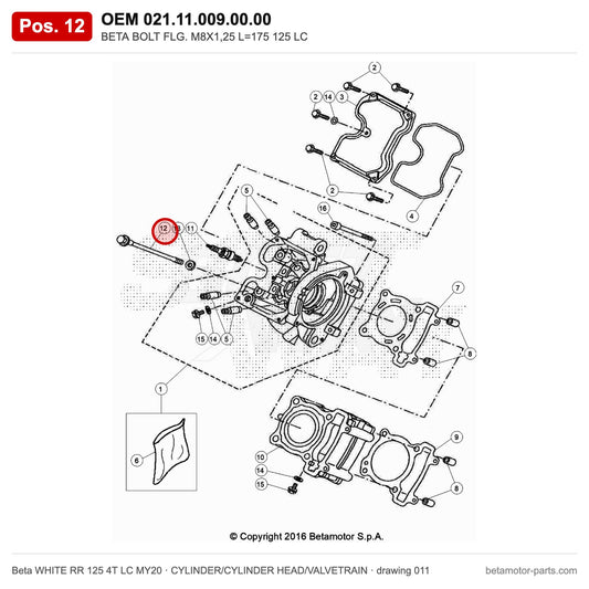 BETA BOLT FLG. M8X1,25 L=175 125 LC – OEM 021.11.009.00.00, position 12 on the Beta WHITE RR 125 4T LC MY20 cylinder/cylinder head/valvetrain drawing