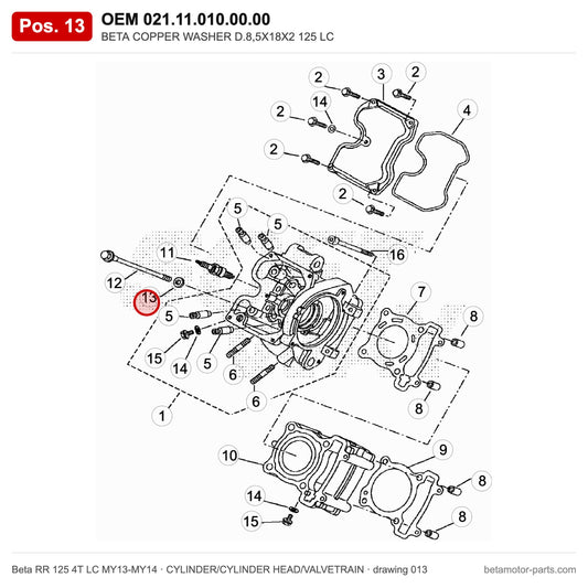 BETA COPPER WASHER D.8,5X18X2 125 LC – OEM 021.11.010.00.00, position 13 on the Beta RR 125 4T LC MY13-MY14 cylinder/cylinder head/valvetrain drawing