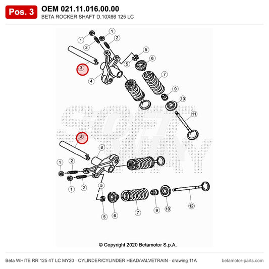 BETA ROCKER SHAFT D.10X66 125 LC – OEM 021.11.016.00.00, position 3 on the Beta WHITE RR 125 4T LC MY20 cylinder/cylinder head/valvetrain drawing