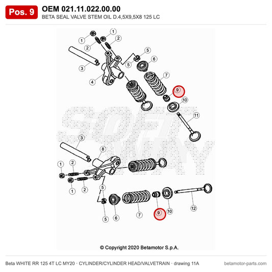 BETA SEAL VALVE STEM OIL D.4,5X9,5X8 125 LC – OEM 021.11.022.00.00, position 9 on the Beta WHITE RR 125 4T LC MY20 cylinder/cylinder head/valvetrain drawing