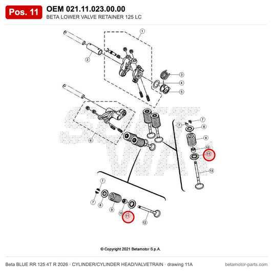 BETA LOWER VALVE RETAINER 125 LC – OEM 021.11.023.00.00, position 11 on the Beta BLUE RR 125 4T R 2026 cylinder/cylinder head/valvetrain drawing