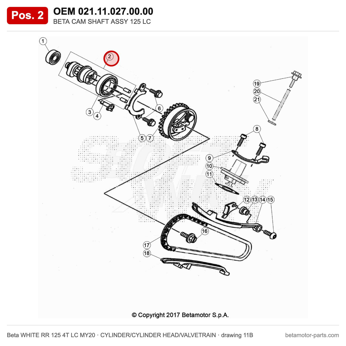 BETA CAM SHAFT ASSY 125 LC – OEM 021.11.027.00.00, position 2 on the Beta WHITE RR 125 4T LC MY20 cylinder/cylinder head/valvetrain drawing
