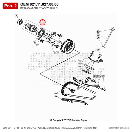 BETA CAM SHAFT ASSY 125 LC – OEM 021.11.027.00.00, position 2 on the Beta WHITE RR 125 4T LC MY20 cylinder/cylinder head/valvetrain drawing