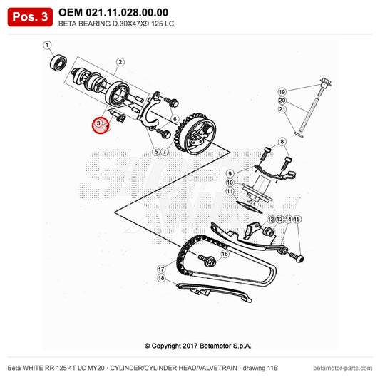 BETA BEARING D.30X47X9 125 LC – OEM 021.11.028.00.00, position 3 on the Beta WHITE RR 125 4T LC MY20 cylinder/cylinder head/valvetrain drawing