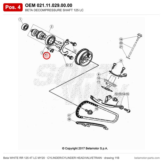 BETA DECOMPRESSURE SHAFT 125 LC – OEM 021.11.029.00.00, position 4 on the Beta WHITE RR 125 4T LC MY20 cylinder/cylinder head/valvetrain drawing