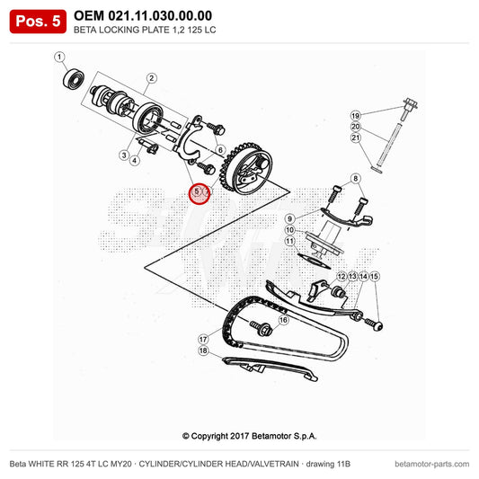 BETA LOCKING PLATE 1,2 125 LC – OEM 021.11.030.00.00, position 5 on the Beta WHITE RR 125 4T LC MY20 cylinder/cylinder head/valvetrain drawing