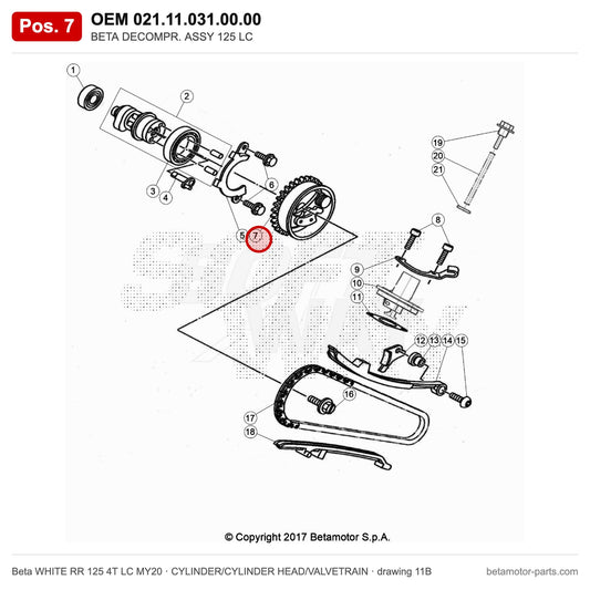 BETA DECOMPR. ASSY 125 LC – OEM 021.11.031.00.00, position 7 on the Beta WHITE RR 125 4T LC MY20 cylinder/cylinder head/valvetrain drawing