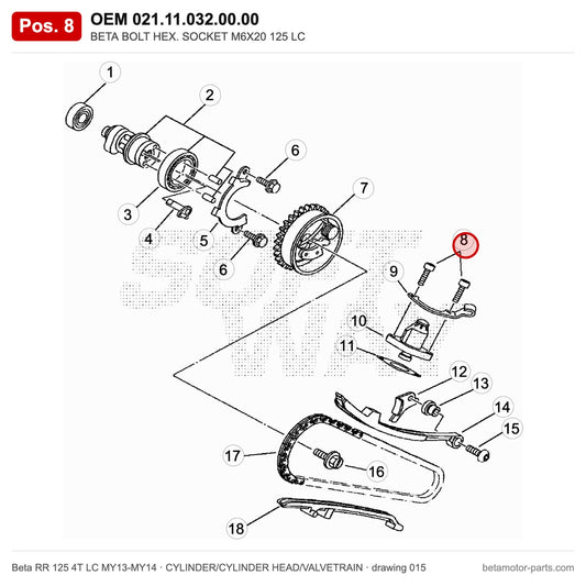 BETA BOLT HEX. SOCKET M6X20 125 LC – OEM 021.11.032.00.00, position 8 on the Beta RR 125 4T LC MY13-MY14 cylinder/cylinder head/valvetrain drawing
