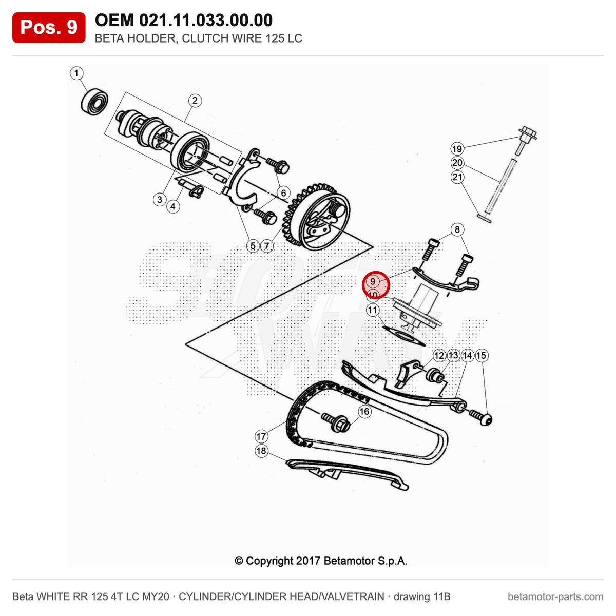 BETA HOLDER, CLUTCH WIRE 125 LC – OEM 021.11.033.00.00, position 9 on the Beta WHITE RR 125 4T LC MY20 cylinder/cylinder head/valvetrain drawing